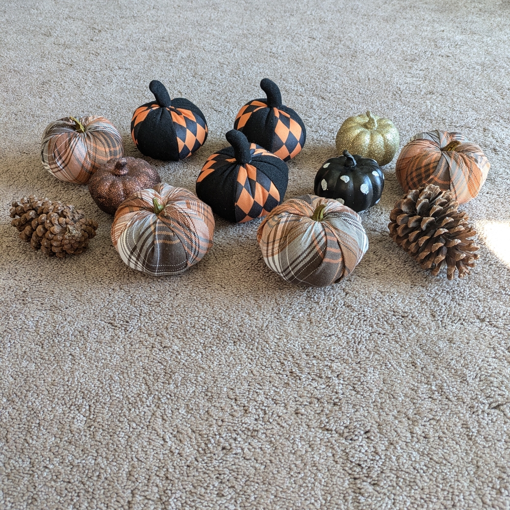 Decorative Fabric Pumpkins and Pine Cones Set